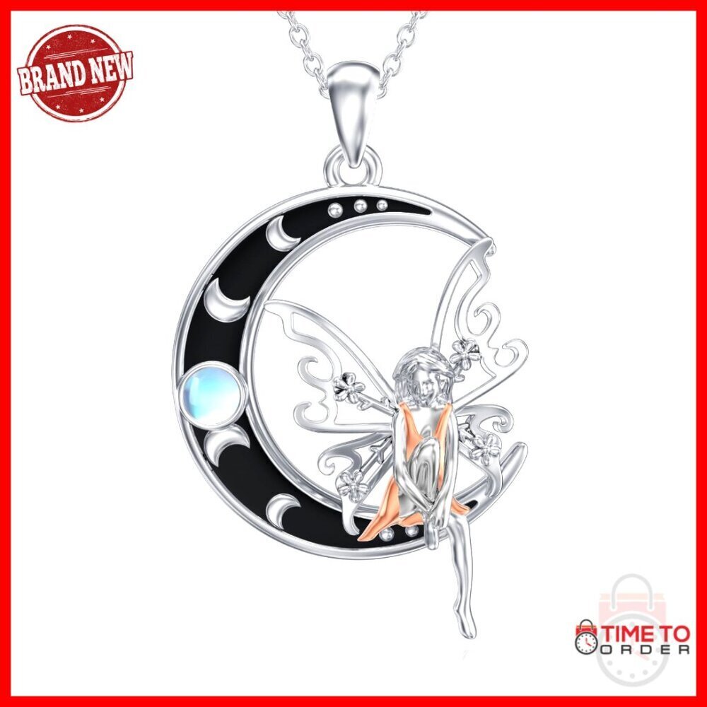 925 Sterling Silver Moon Pendant Necklace with Fairy Charm 20 Inch Chain